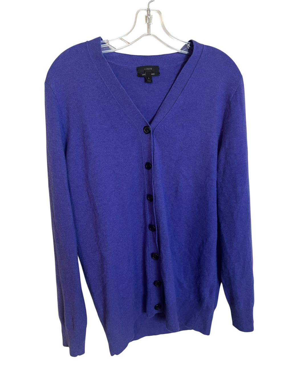 J.Crew Wool Cashmere Cardigan Sweater L Royal Purple V Neck Button Quiet Luxury